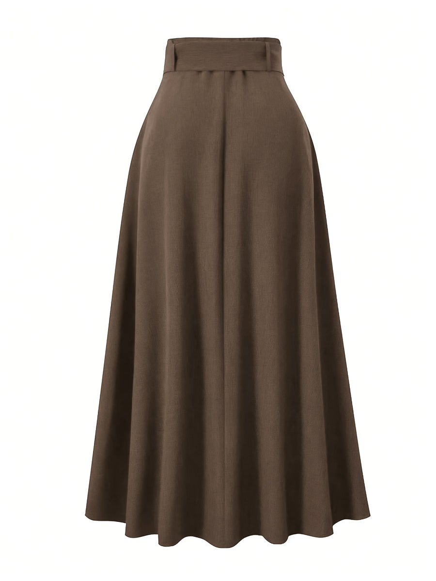 Elegant Women's Pleated Skirt for Daily and Holiday Wear, Christmas-Themed Color Palette, Elegant Korean-Style Belted Maxi Skirt - Camel