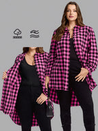 Plus Size, Women's Plus Size Elegant Black Checkered Lantern Sleeve Soft Breathable Vintage Street Style Casual Shirt Jacket - The color of rouge