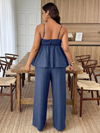 Women'S Solid Color Thin Strap Ruffled Elegant Pullover Sweater And Straight Solid Color Long Pants, Summer New Casual to Formal Wear, Designer Style, Beautiful Two-Piece Pants Set - Blue