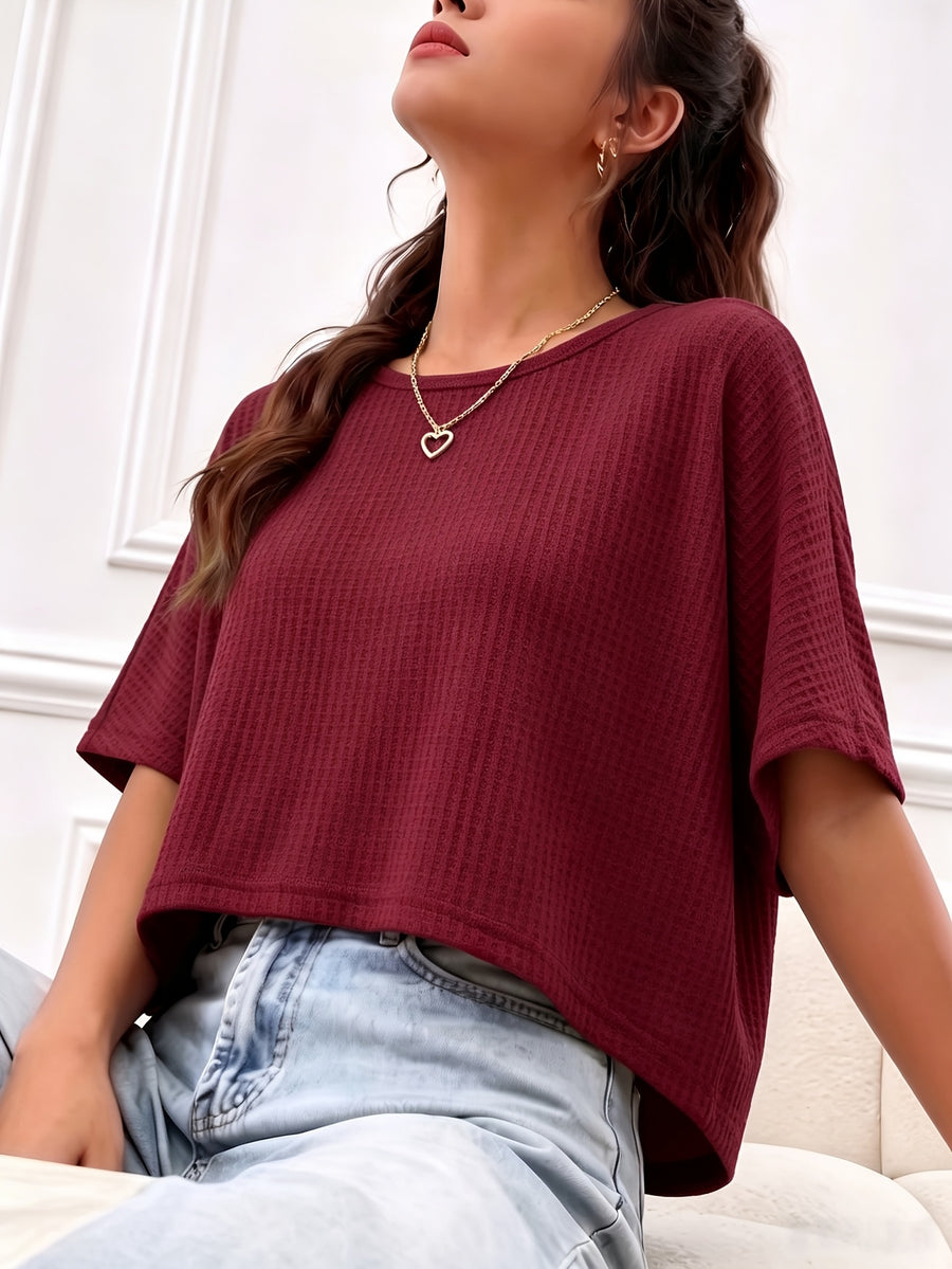 Women's Casual Loose-Fit Waffle Short Crop Crew Neck Short Sleeve T-Shirt for Daily Commuting - Burgundy