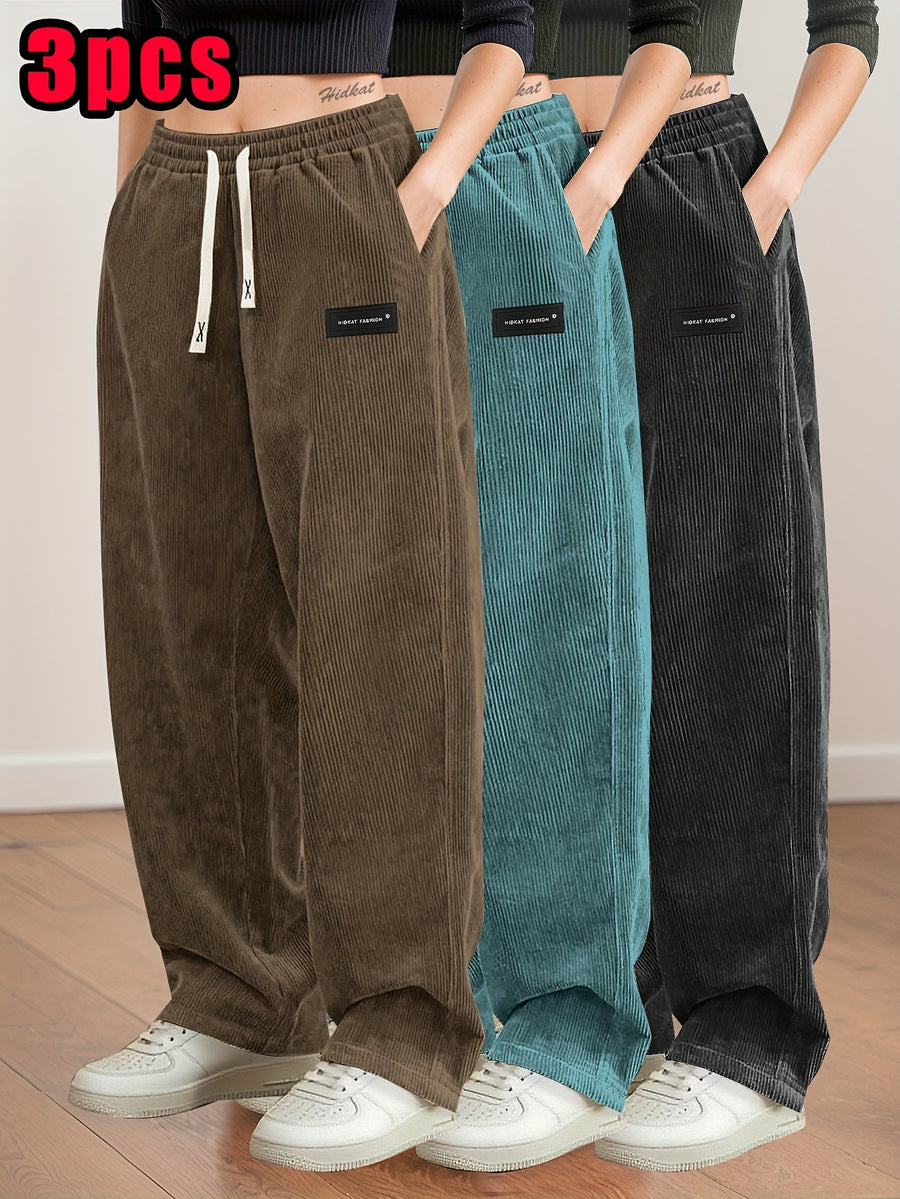 3pcs Women's Straight-Leg Corduroy Casual Pants, Thin Spring/Autumn Fashion Drawstring Waist Trousers for Daily Wear and Dating - Brown+blue+black
