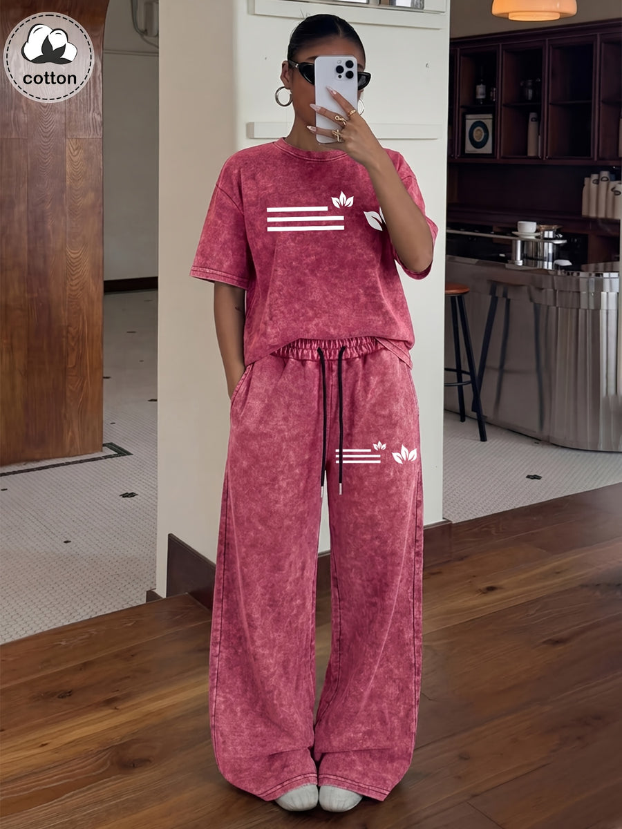 Women's Casual 2pcs Set: Washed Leaf Stripe Print Short Sleeve T-Shirt + Elastic Waist Wide-Leg Pants, Loose Fit Casual Sportswear Set, Street Style Daily Outfit - Red