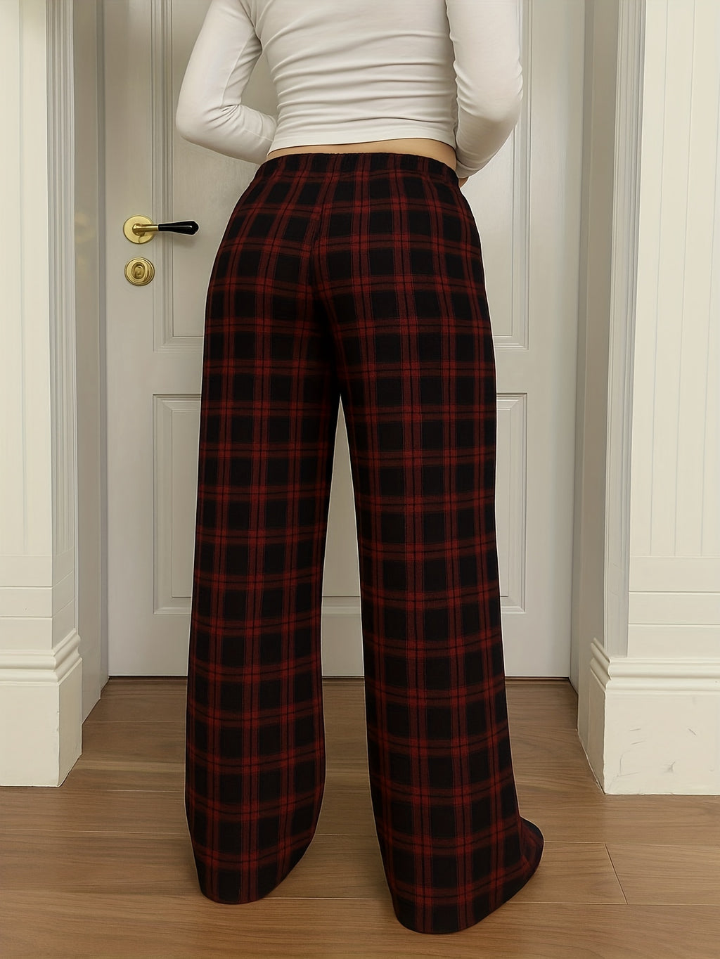 Women'S Plaid Print Loose Wide Leg Pants | Casual Drawstring Elastic Waist, Suitable for Fall/Winter Weekend Outings - Red