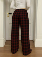 Women'S Plaid Print Loose Wide Leg Pants | Casual Drawstring Elastic Waist, Suitable for Fall/Winter Weekend Outings - Red