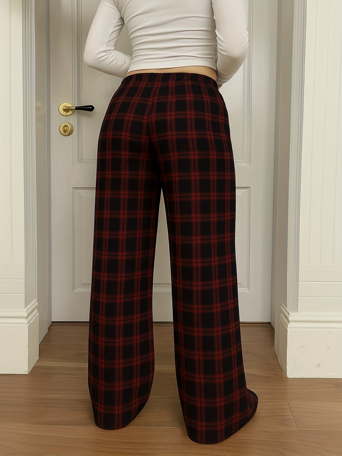 Women'S Plaid Print Loose Wide Leg Pants | Casual Drawstring Elastic Waist, Suitable for Fall/Winter Weekend Outings - Red