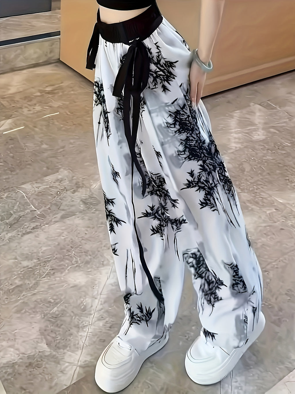 Elegant Bamboo Print Wide-Leg Pants, Casual Spring/Autumn Long Pants, Women's Clothing - White