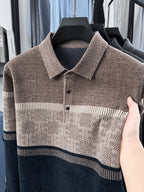 Men's Color-Block Knit Pullover, Casual Warm Autumn/Winter POLO Sweater - Camel Coffee