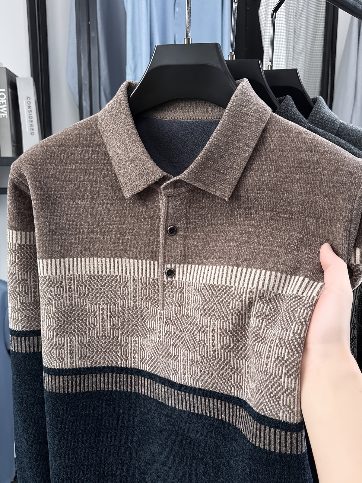 Men's Color-Block Knit Pullover, Casual Warm Autumn/Winter POLO Sweater - Camel Coffee