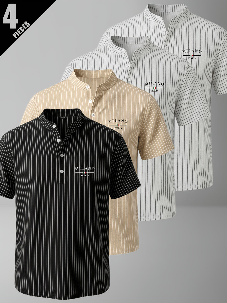 4pcs Men'S Summer Striped Linen Blend Henley Shirts, Milan Print Stand Collar Breathable Short Sleeve, Office Casual Versatile Top - Mixed Colors 6