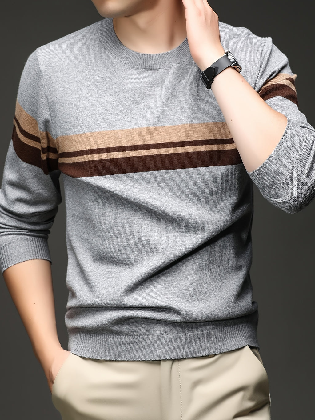 [Wading Whale OBM] Spring/Autumn New Men'S Knit Pullover Sweater, Old Money Style Color-Block Ribbed Round Neck Long Sleeve Knit Pullover for Men, Business Casual Fashion Ribbed Sweater, Suitable for Spring, Autumn, Winter Layering Or Inner Wear - Light Grey