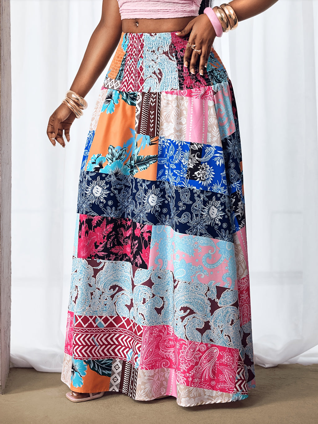 2026 New Spring/Summer Women's Bohemian Digital Print High-Waist Loose Maxi Skirt, High-Waist Pleated Waist-Cinching Loose, Flowy, Comfortable, Casual, and Stylish Digital Print Skirt for Women - Multicolor
