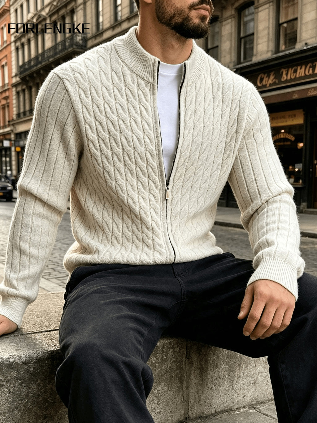 FORLENGKE Autumn/Winter Men's Zipper Cable Knit Cardigan, Three-Dimensional Twisted Floral Texture Knit Outerwear, Solid Color Simple Cuff Long Sleeve Top, Streetwear Commute Daily Casual Wear, Versatile Spring/Autumn Men's Outer Knit Cardigan - White