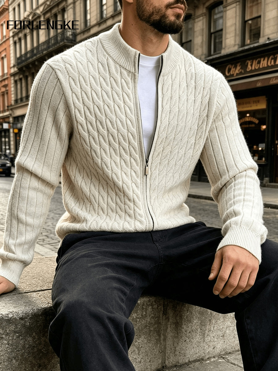 FORLENGKE Autumn/Winter Men's Zipper Cable Knit Cardigan, Three-Dimensional Twisted Floral Texture Knit Outerwear, Solid Color Simple Cuff Long Sleeve Top, Streetwear Commute Daily Casual Wear, Versatile Spring/Autumn Men's Outer Knit Cardigan - White