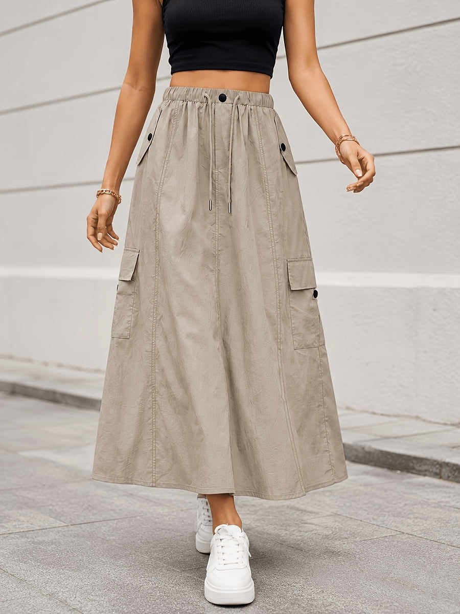 Summer Cargo Half Skirt Women'S Elastic Waist Loose Casual Multi-Pocket Versatile Women'S Long Skirt Quick-Dry Machine Washable A-Line Skirt - Khaki