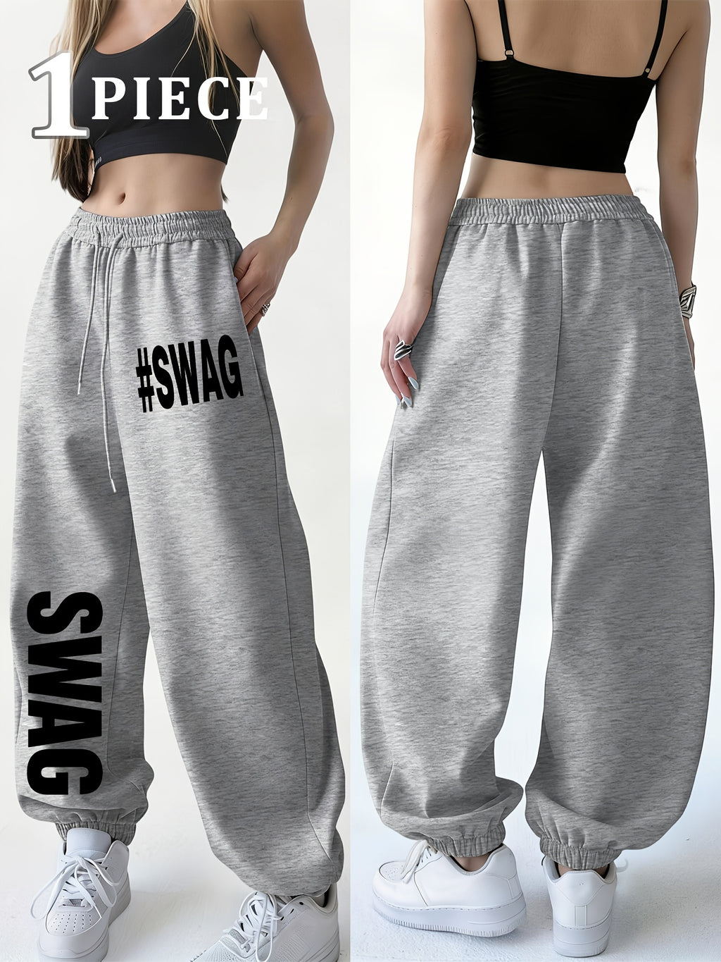 Spring/Winter New Women's Jogger Pants with Cuffed Hem, White Printed Casual Trousers. Made of Easy-care, Soft, and Warm Fabric, Machine Washable. Features Letter Print for Home Wear, Suitable for Travel, Home, and Outdoor Outings. Solid Color - Light Grey