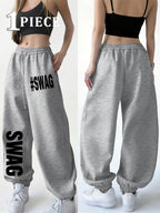 Spring/Winter New Women's Jogger Pants with Cuffed Hem, White Printed Casual Trousers. Made of Easy-care, Soft, and Warm Fabric, Machine Washable. Features Letter Print for Home Wear, Suitable for Travel, Home, and Outdoor Outings. Solid Color - Light Grey