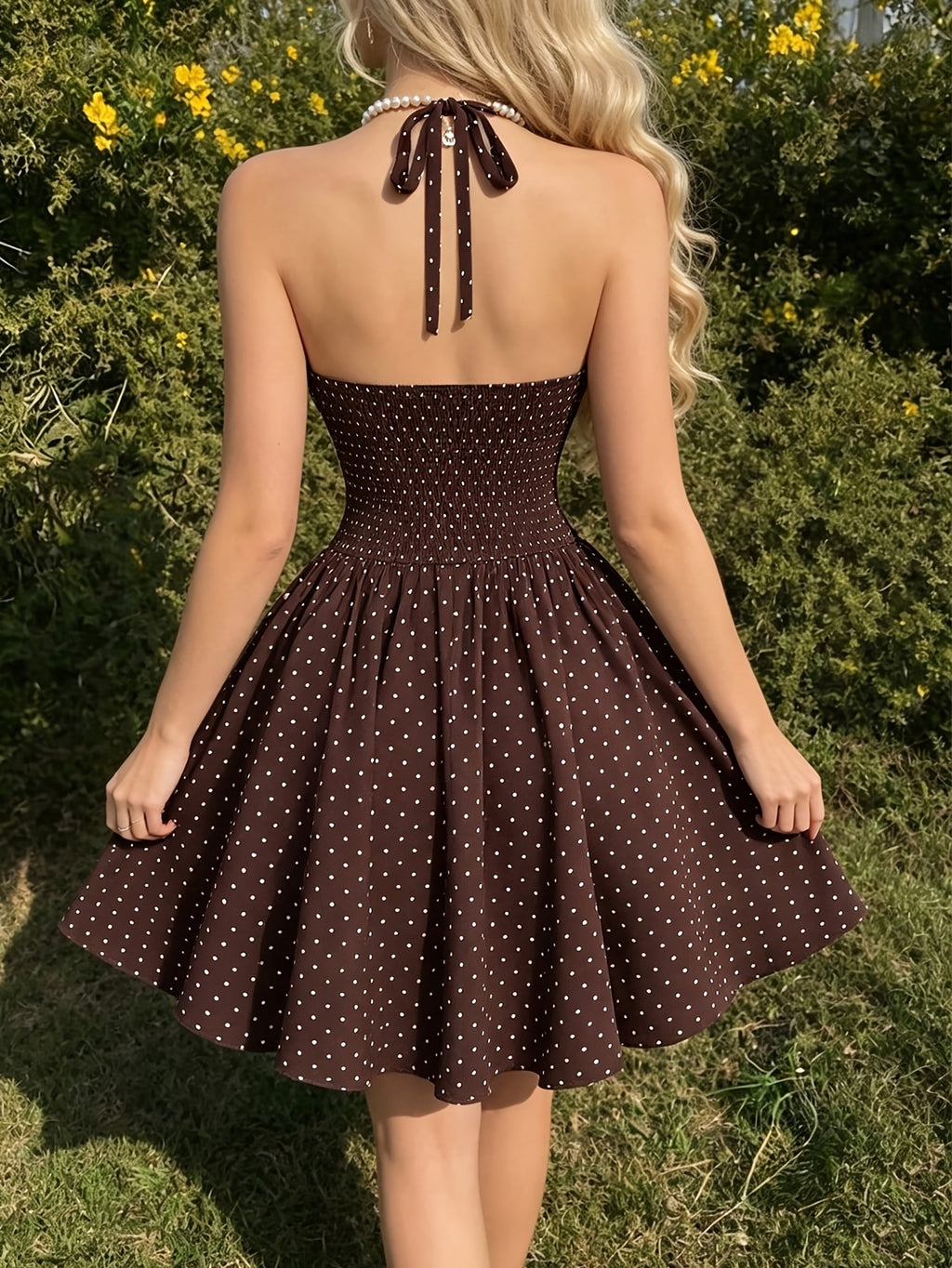 Women'S Summer New French Elegant Fashion Lace Trim Polka Dot Print Back Smocked Waist A-Line Halter Dress - Mixed colors