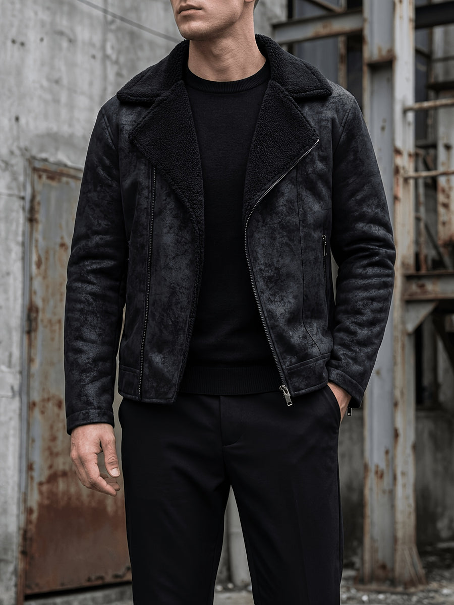 Men'S Slant Zipper Faux Suede Motorcycle Jacket, Lambskin Lining Large Lapel, Zip-Up Pockets Casual Riding Coat - Ebony