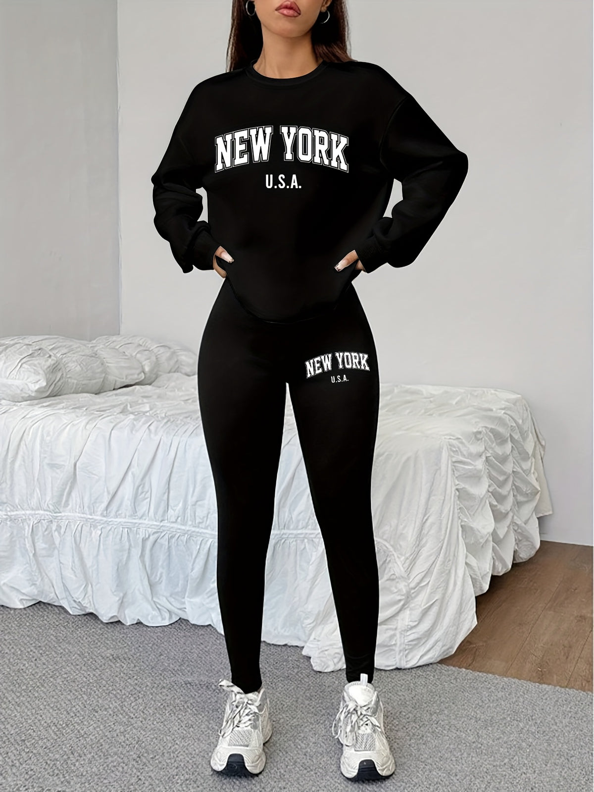 1014Gwen, 1 Set Casual Women'S Sweatshirt Set 2pcs, Letter Print, Round Neck Long Sleeve Sweatshirt, Long Leggings, Single Wear Or Layering, Suitable for Autumn Winter, Women'S Clothing - Black
