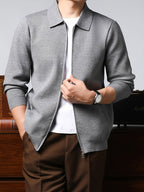 Men'S Lapel Full-Zip Long Sleeve Knit Jacket, Ribbed Cuffs And Hem, Autumn/Winter Style, Casual Commute Wear, Business Casual Style. - SINBOS - Grey