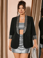 Women'S Sequin Patchwork Three-Quarter Sleeve Elegant Party Casual Suit Jacket Top - Black