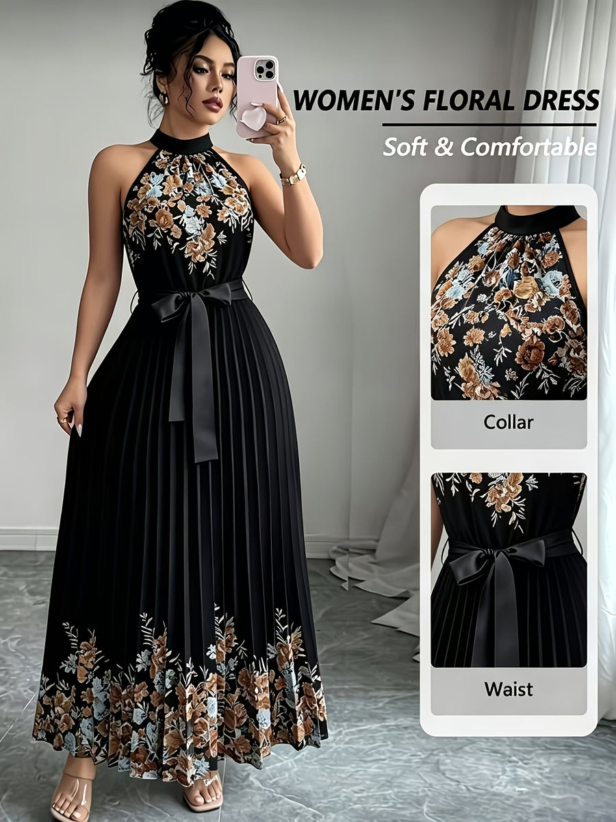 Women'S Floral Print Pleated Flared Maxi Dress with Tie Waist, Wedding Evening Party Formal Gown, Date Vacation Dress - Black