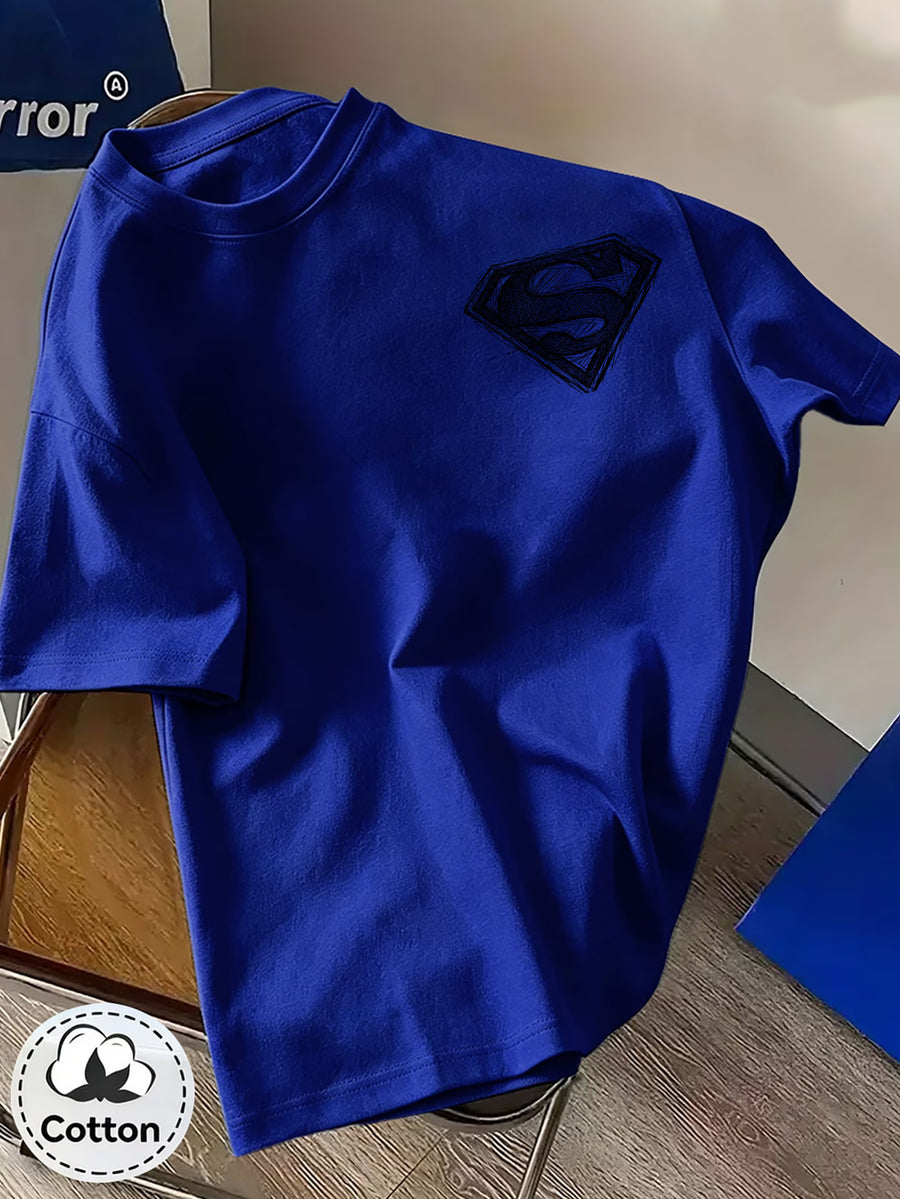Unisex Summer Loose Round Neck Short Sleeve T-Shirt, Suitable for Daily Commute, Street Outings, City Travel, And Gatherings, Large Superman S Logo Hand-Drawn Sketch Print on Back, Small Pattern on Chest, Easy Artistic Atmosphere - Royal Blue
