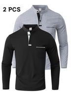 [JOSHIMAI OBM] 2pcs Men'S Long Sleeve Henley Shirts, Soft Comfortable Stretch Fabric, Lightweight Breathable Easy Care, Stand Collar 3-Button Placket Design, Contrast Color Placket And Pocket Details, Suitable for Office Commute, Business Casual - Black+Light Grey