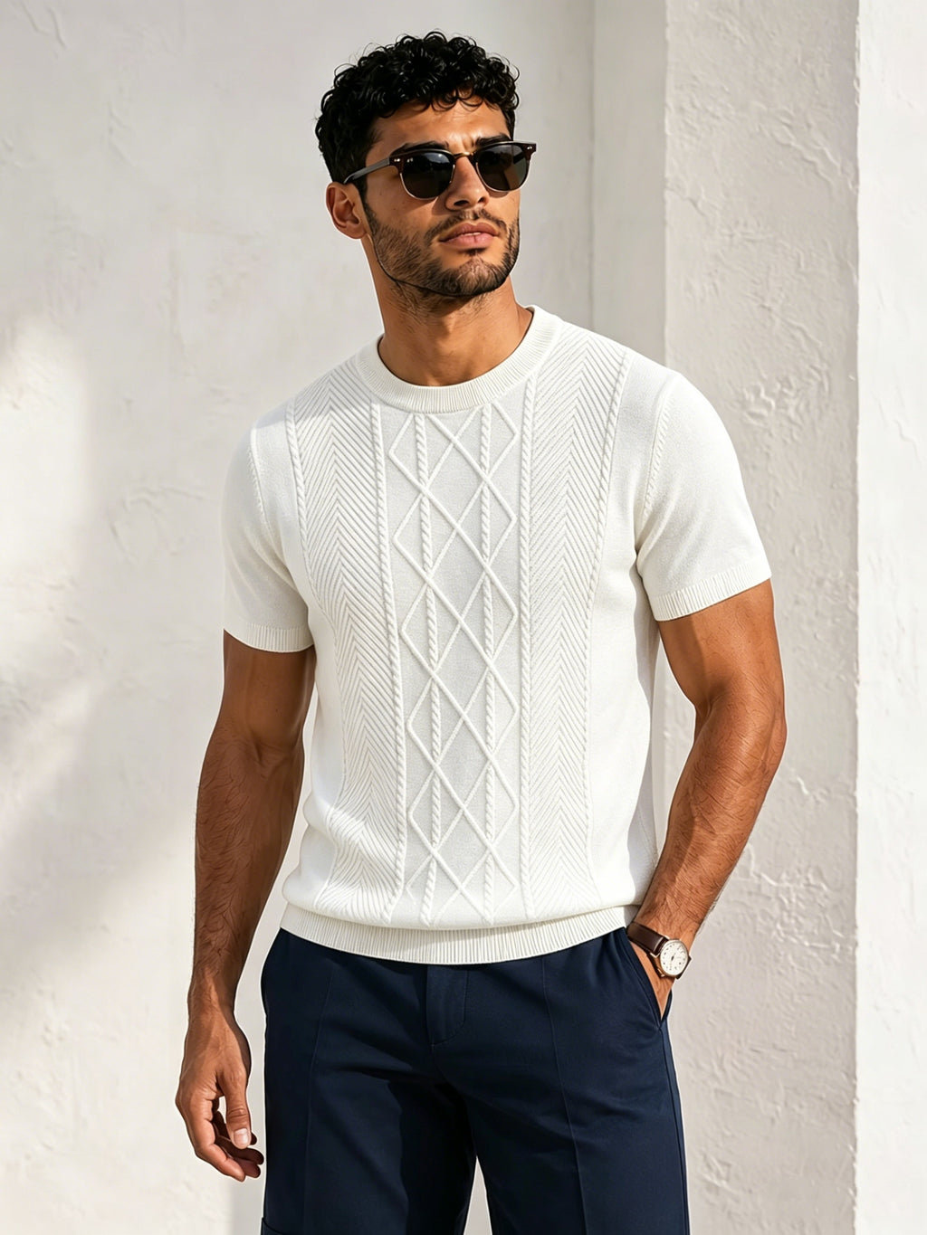 New Men S Solid Diamond-pattern Crew Neck Knit Short Sleeve Top for Casual & Sport Looks, Wearable in Spring, Fall and Winter as Standalone Outfit or Base Layer. Ultra-soft High-grade Fabric, Safe to Wear Next to Skin. - White