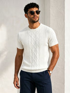 New Men S Solid Diamond-pattern Crew Neck Knit Short Sleeve Top for Casual & Sport Looks, Wearable in Spring, Fall and Winter as Standalone Outfit or Base Layer. Ultra-soft High-grade Fabric, Safe to Wear Next to Skin. - White