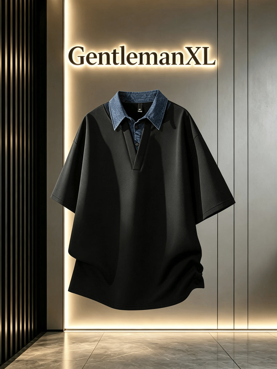 Men's Summer Lapel Collar Built-in 2-in-1 Look V-Polo, Unisex Drop Shoulder Loose Fit Curved Hem Draped Short Sleeve T-Shirt - Black