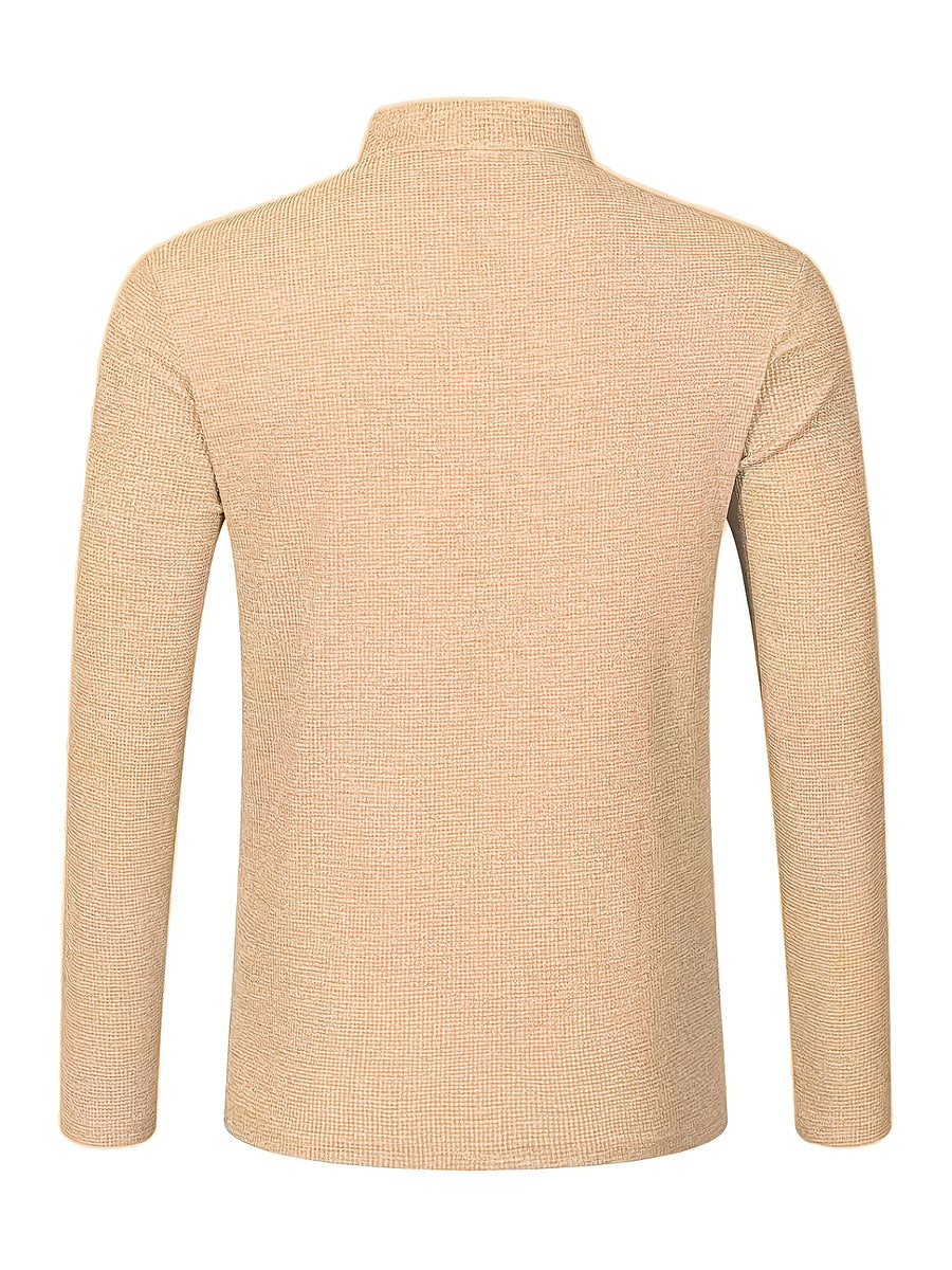 Maqiqi OBM Men's Fashion Waffle Knit Long Sleeve Henley Shirt, Stand Collar Button-Up Top with Chest Pocket and Positioned Printed LOGO, Casual Regular Fit Solid Color Spring/Autumn Daily Top - Khaki