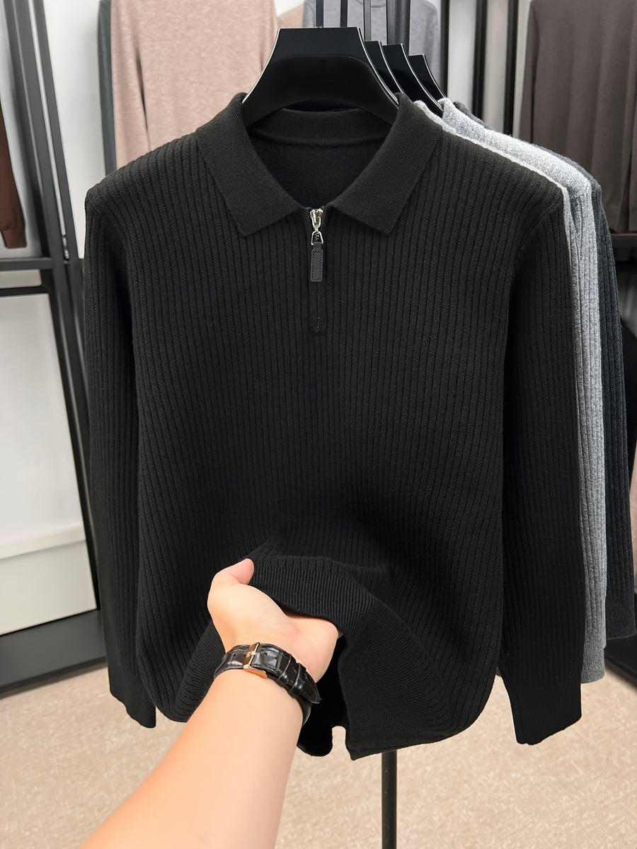 Xingfan Autumn/Winter Men's Ribbed Cable Knit Lapel Pullover Casual 4/1 Zipper Thickened Warm Long-Sleeve Sweater - Black