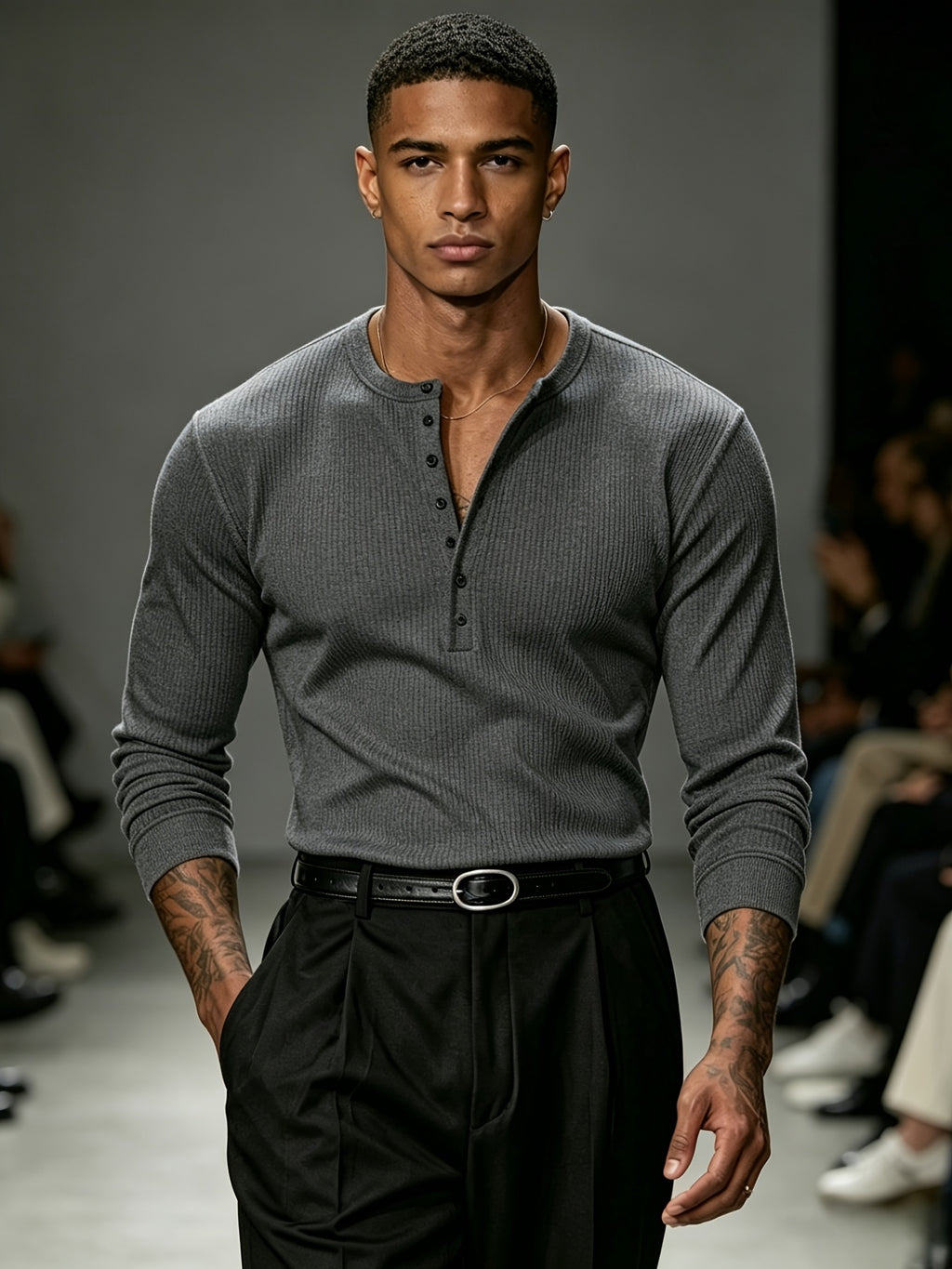 [Josh Mei OBM] Western Minimalist Men'S White Henley Shirt, Premium Gray Texture V-Neck Top, Urban Gentleman Casual Commute Wear - Dark Gray