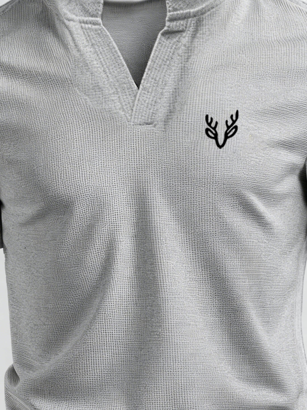 Men's V-neck Short-Sleeve T-shirt with Unique Small Print, Waffle Knit Fabric, Comfortable Men's Half-Sleeve Top - Gray 5
