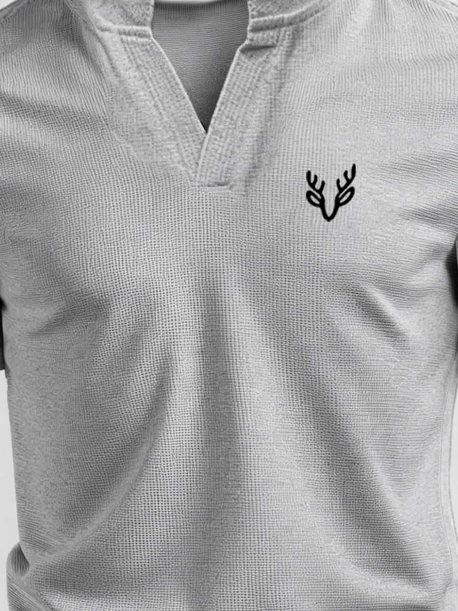 Men's V-neck Short-Sleeve T-shirt with Unique Small Print, Waffle Knit Fabric, Comfortable Men's Half-Sleeve Top - Gray 5