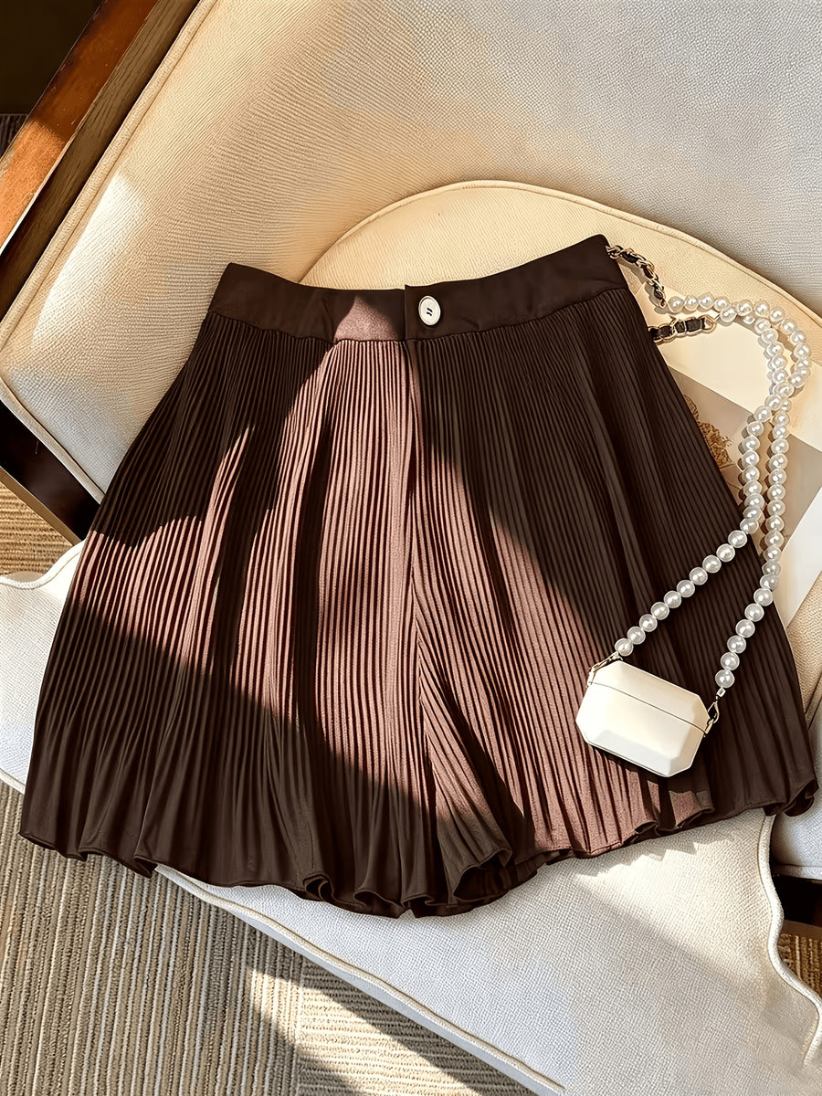 Women's Fashion Solid Color Loose Fit Casual Shorts - Coffee Color