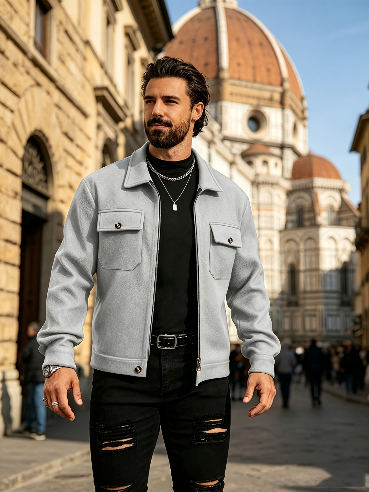 Men's Lapel Workwear Blend Jacket with Metal Zipper Pocket Accents, Casual Vintage Cropped Top - Grey