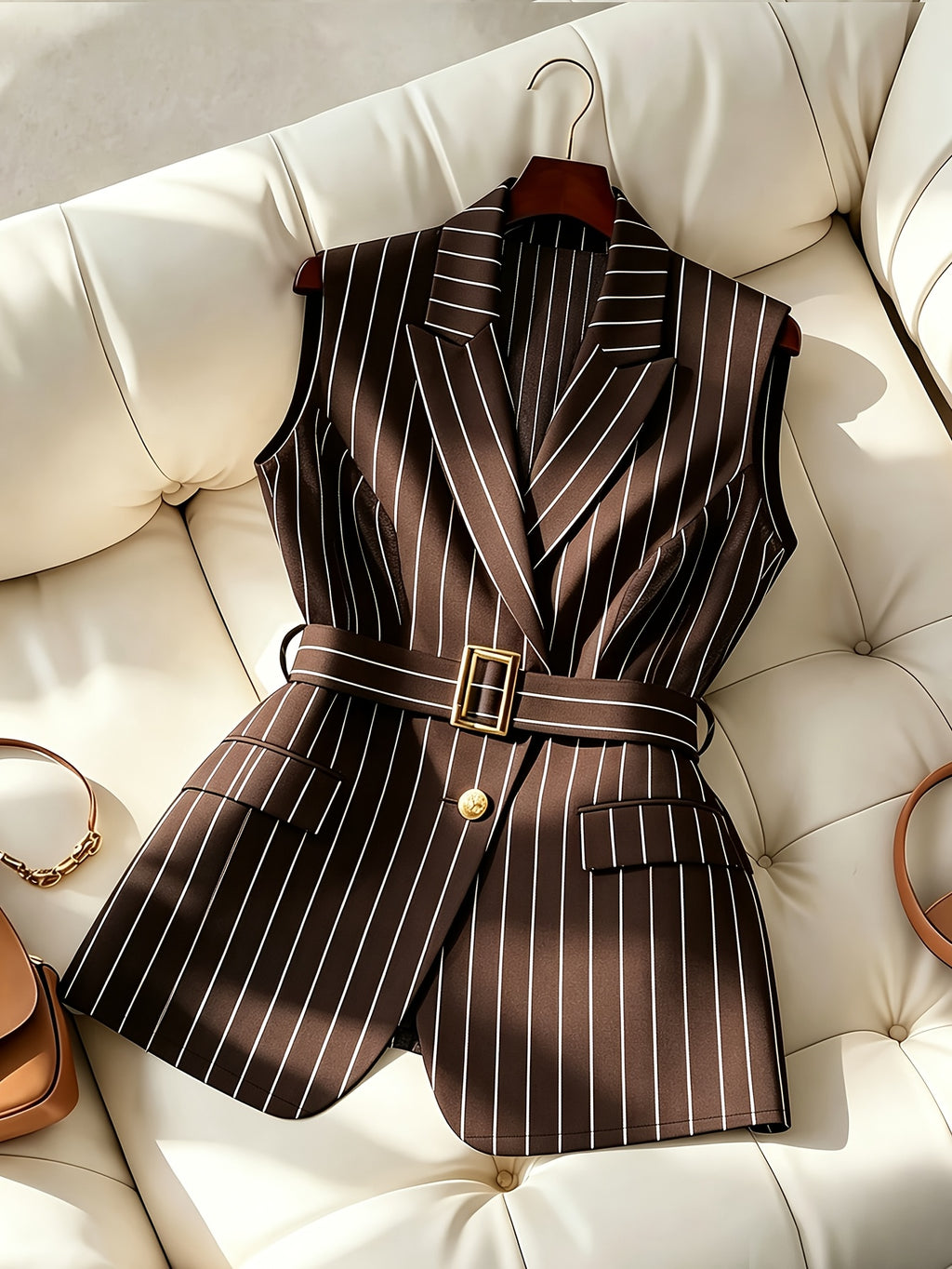Women's Summer Casual Office Commute Striped Print Pointed Collar Buckle Belt Vest, Sleeveless Striped Blazer Lightweight Jacket for Spring, Summer, Autumn, Light Business, Office, Business Negotiations - Coffee Color