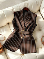 Women's Summer Casual Office Commute Striped Print Pointed Collar Buckle Belt Vest, Sleeveless Striped Blazer Lightweight Jacket for Spring, Summer, Autumn, Light Business, Office, Business Negotiations - Coffee Color