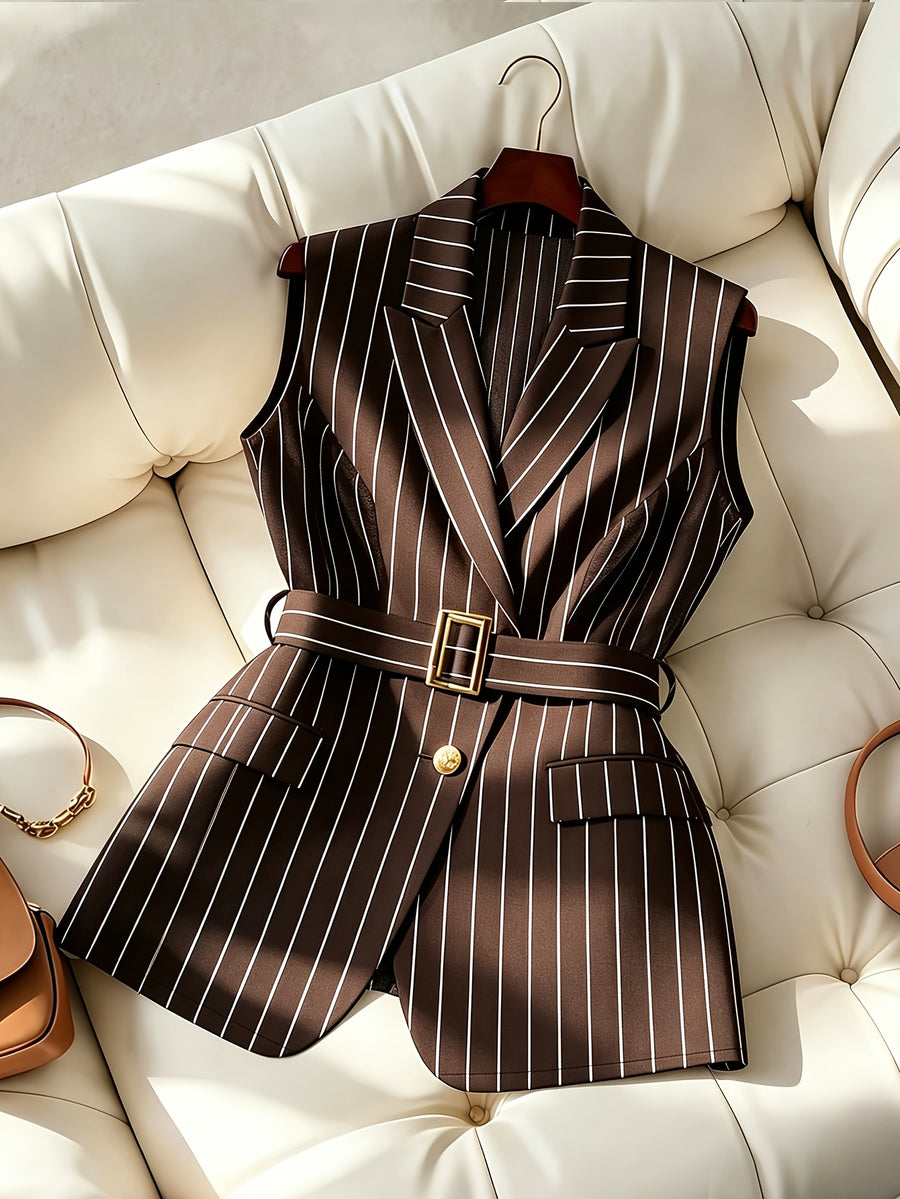 Women's Summer Casual Office Commute Striped Print Pointed Collar Buckle Belt Vest, Sleeveless Striped Blazer Lightweight Jacket for Spring, Summer, Autumn, Light Business, Office, Business Negotiations - Coffee Color