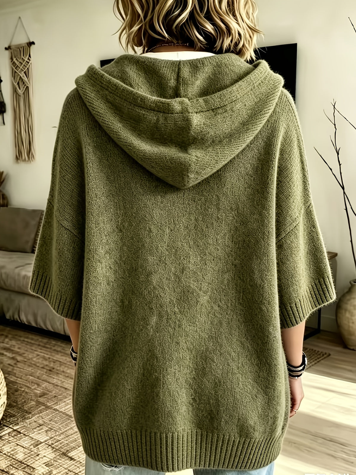 Women's Elegant Casual Three-Quarter Sleeve Drawstring Hooded Sweatshirt - Olive Green