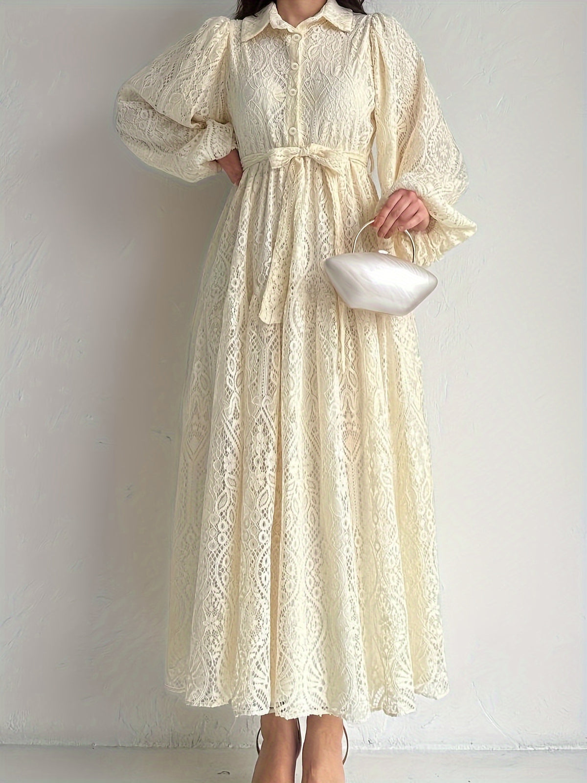 Women's Middle Eastern Muslim Lace Collar Robe Dress - Champagne