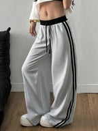 New Style Versatile Casual Gray Straight-Leg Pants for Women with Black Side Stripe Contrast Design, Sporty Leisure Trousers - Grey