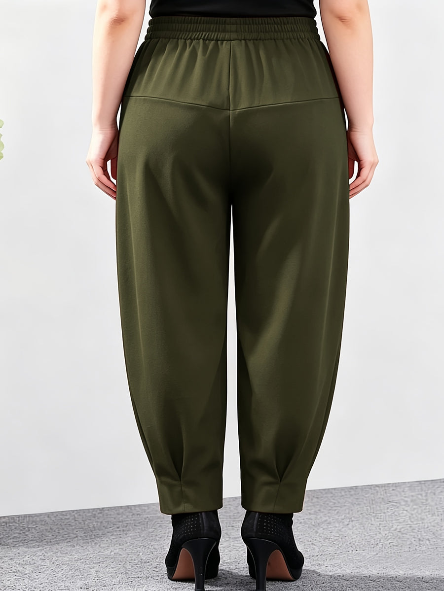 Plus Size - Women'S Plus Size Spring And Autumn New Harem Pants, Slim-Fit Elastic Waist Casual Trousers - Olive Green