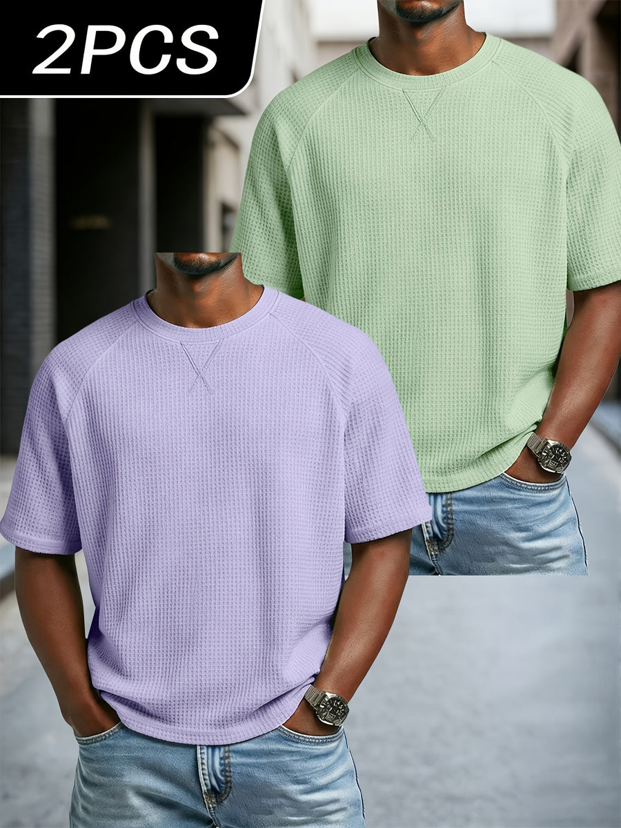 Men'S 2 pc Waffle Knit T Shirts Short Sleeve Crew Neck, Breathable Textured Fabric Casual Tops, Lightweight Soft Comfortable Fit, Ideal for Daily Wear, Travel, Street Fashion And Warm Weather Style - Violet + Light Green
