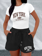 Summer Fashion Sticker Short Sleeve T-shirt and Shorts Two-piece Casual Sports Suit X4071 - Light White+Black Color