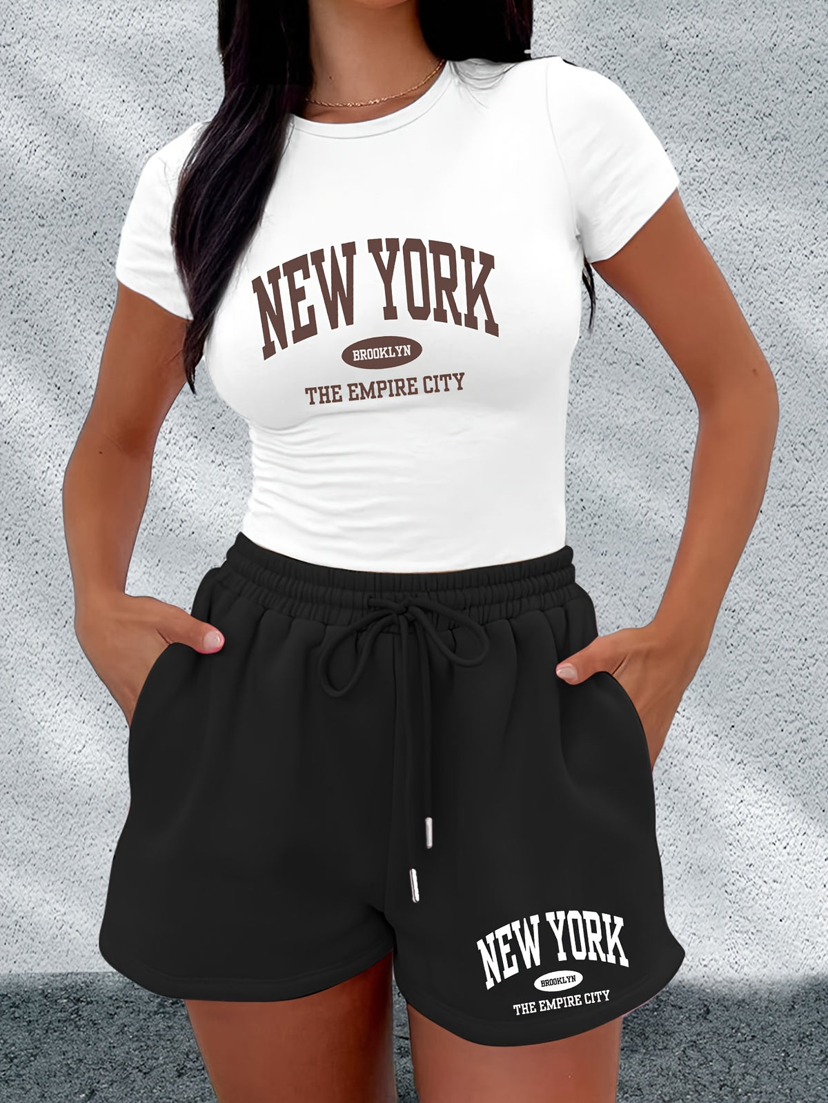 Summer Fashion Sticker Short Sleeve T-shirt and Shorts Two-piece Casual Sports Suit X4071 - Light White+Black Color