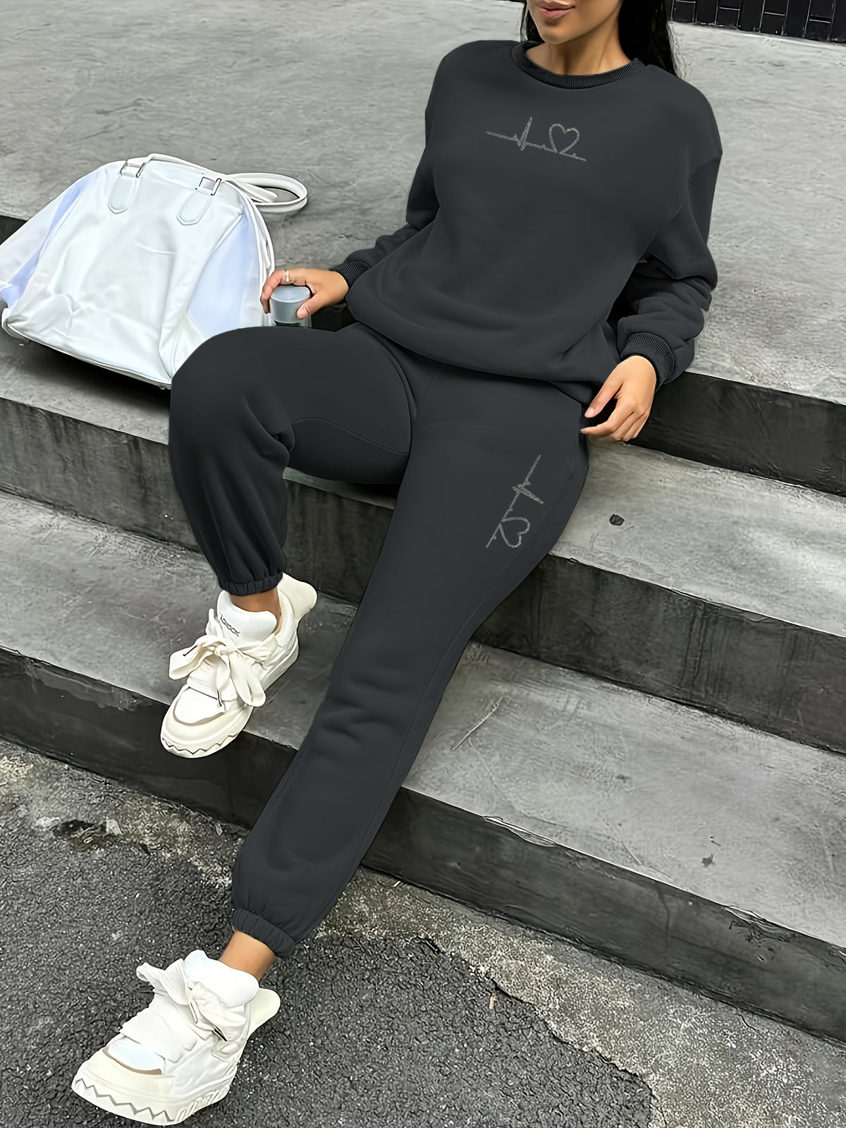 Women's 2pcs Fleece Sweatsuit - ECG Heart Print Warm Winter Tracksuit, Soft Polyester Matching Outfit with Pockets, Machine Washable & Outdoor Sweatsuits (Multiple Colors) for Fall/Winter, 2pcs set - Dark Gray