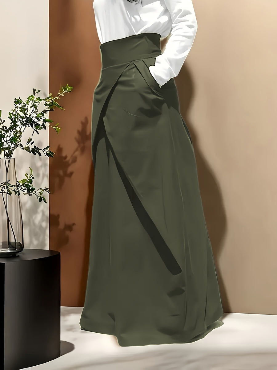 Ladies' Elegant High-Waisted Solid Color Skirt with Elastic Waistband and Pockets - Versatile Midi Summer Dress, Machine Washable, Suitable for Holiday Casual or Office Wear - Beach Outing - Opaque Material - fern green